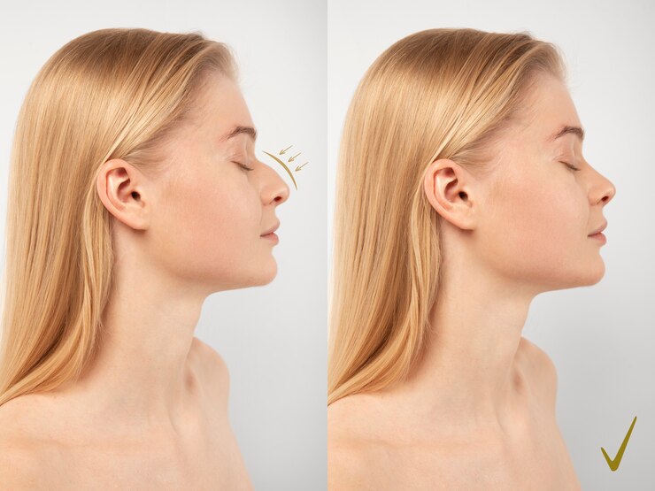 Before and after results of a non-surgical nose job in London, showing improved nose shape using dermal fillers.